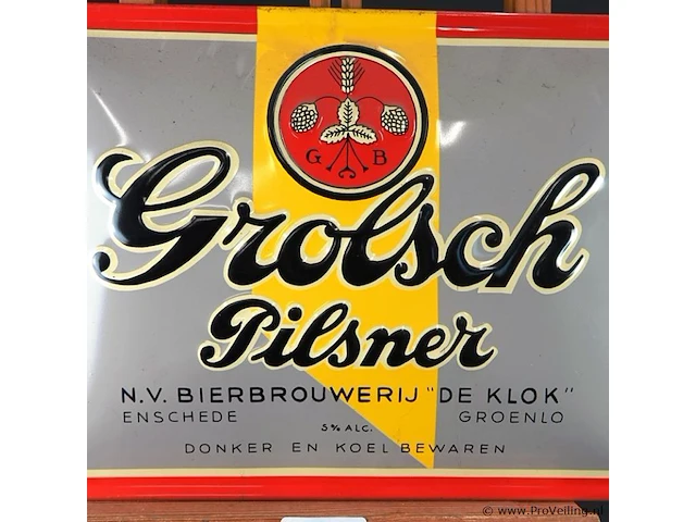 Metalen reclamebord van grolsch pilsner met de historische vermelding van bierbrouwerij de klok - afbeelding 3 van  5