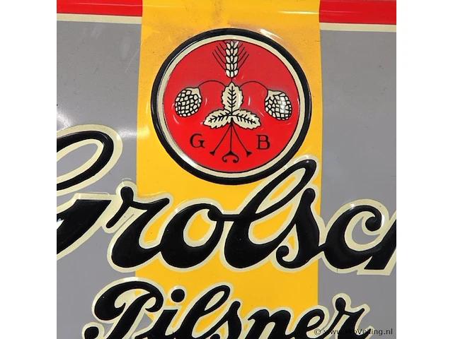 Metalen reclamebord van grolsch pilsner met de historische vermelding van bierbrouwerij de klok - afbeelding 4 van  5