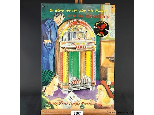 Metalen retro wandbord van de iconische wurlitzer 1100 jukebox - afbeelding 1 van  5
