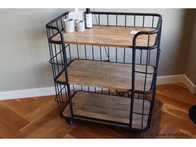 Metalen trolley met houten planken - 75x42x76cm - afbeelding 1 van  5