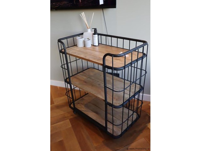 Metalen trolley met houten planken - 75x42x76cm - afbeelding 2 van  5