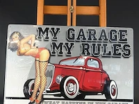 Metalen wandbord "my garage my rules"