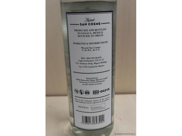 Mezcal san cosme oaxaca mexico - 70 cl - winkelverkoopprijs € 38.50 - afbeelding 3 van  3