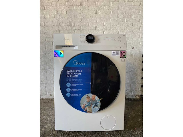 Midea mf200d86wb-14eas, voorlader, vrijstaand, wit, links, zwart, led duits display - afbeelding 1 van  4