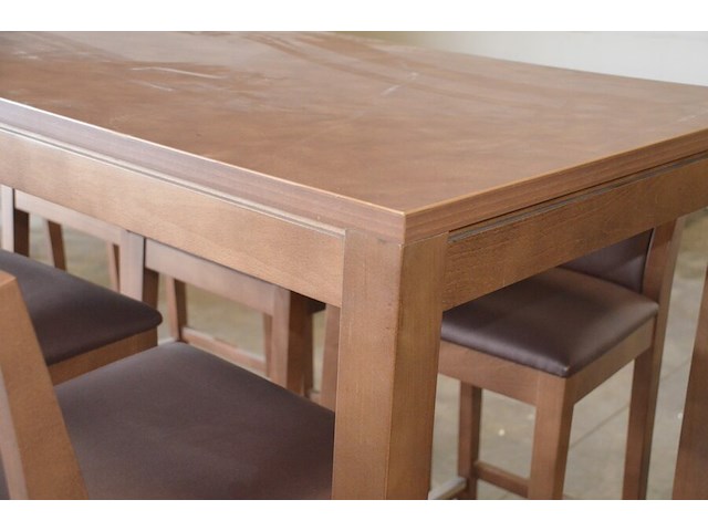 Moderne bruin houten staantafel afm. 220x80x110 , 8 moderne barkrukken bruine rug en zit - afbeelding 8 van  10