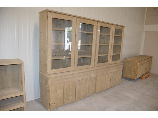 Moderne vol houten vitrinekast 4 deuren 4 laden met opzetvitrine 4 glazen deuren afm. 300x220x50 - afbeelding 4 van  10
