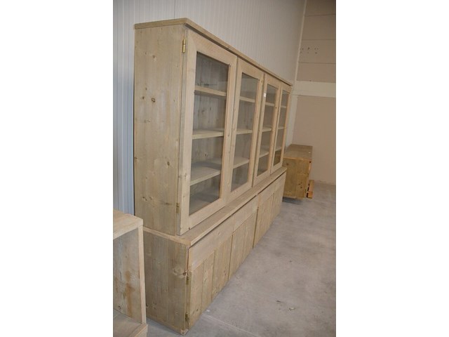 Moderne vol houten vitrinekast 4 deuren 4 laden met opzetvitrine 4 glazen deuren afm. 300x220x50 - afbeelding 6 van  10
