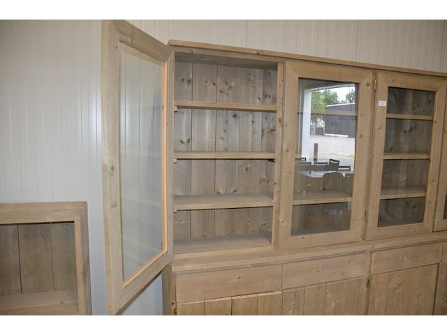 Moderne vol houtgen vitrinekast 4 deuren 4 laden met opzetvitrine 4 glazen deuren afm. 300x220x50 - afbeelding 2 van  10