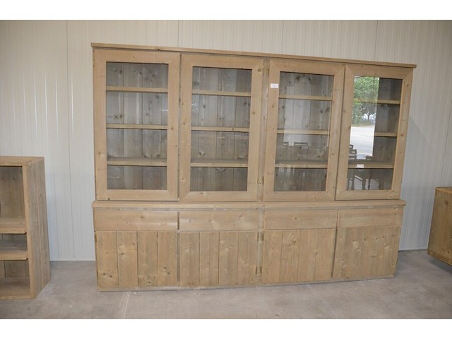 Moderne vol houtgen vitrinekast 4 deuren 4 laden met opzetvitrine 4 glazen deuren afm. 300x220x50 - afbeelding 1 van  10