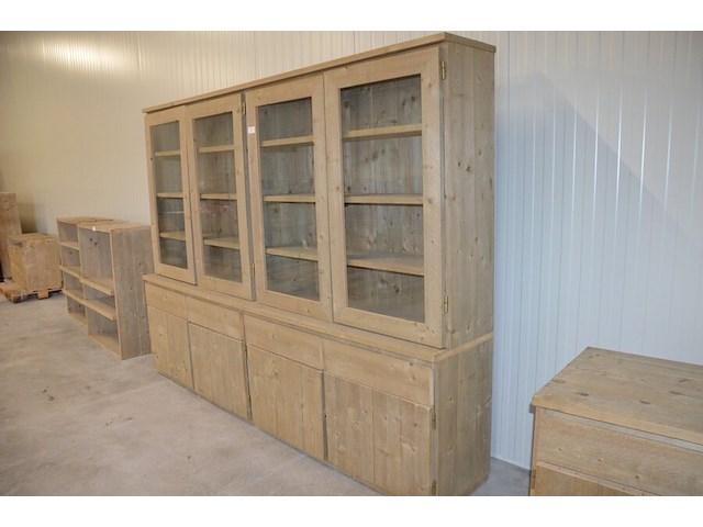 Moderne vol houtgen vitrinekast 4 deuren 4 laden met opzetvitrine 4 glazen deuren afm. 300x220x50 - afbeelding 5 van  10