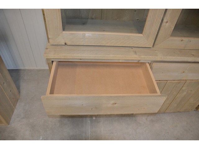 Moderne vol houtgen vitrinekast 4 deuren 4 laden met opzetvitrine 4 glazen deuren afm. 300x220x50 - afbeelding 9 van  10