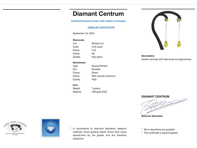 Mooie hangende oorbellen met diamanten en peridot - afbeelding 3 van  9