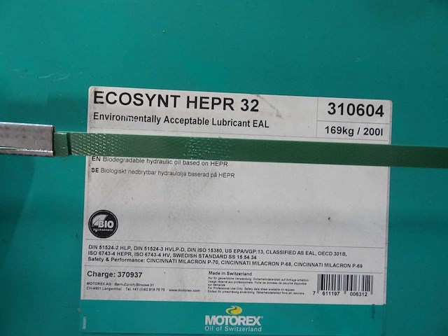 Motorex - ecosynt hepr 32 - biologisch afbreekbaar hydrauliekolie 200l - afbeelding 3 van  3