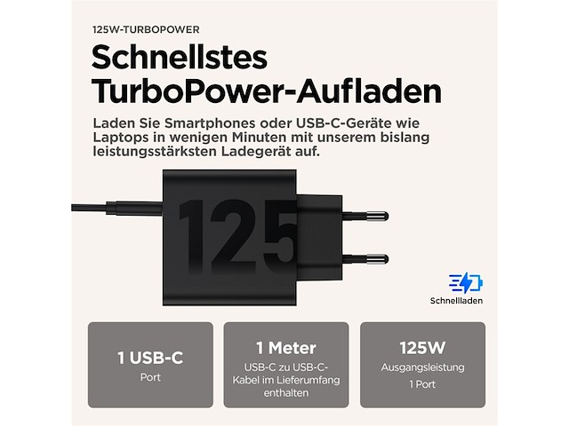 Motorola turbopower 125w lader met usb type-c kabel zwart - afbeelding 4 van  5
