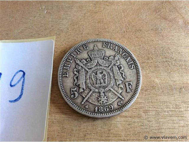 Munt frankrijk 5fr 1869. ag - afbeelding 2 van  2