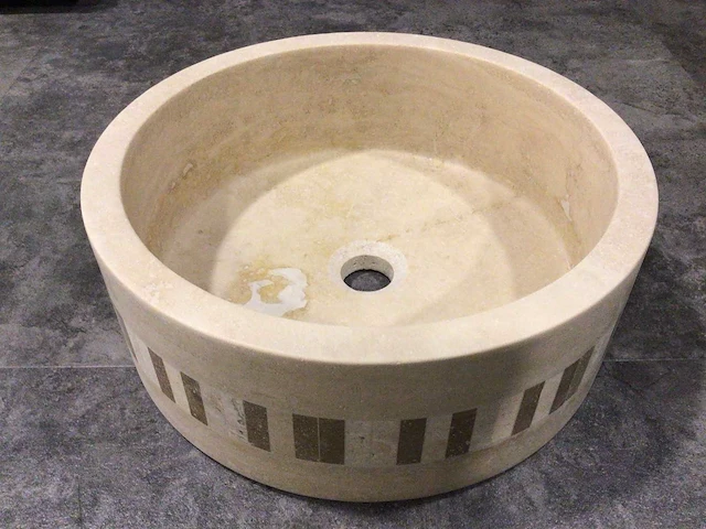 Natuursteen travertin beige silindir waskom 40,6x15 cm - afbeelding 1 van  6