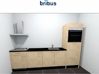 Nieuwe keukenopstelling in originele verpakking, bribus, houtdecor, rechte keuken met hoge kast | volgens ontwerpimpressie