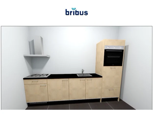 Nieuwe keukenopstelling incl. apparatuur, bribus, houtdecor, rechte keuken met hoge kast | volgens ontwerpimpressie - afbeelding 1 van  3