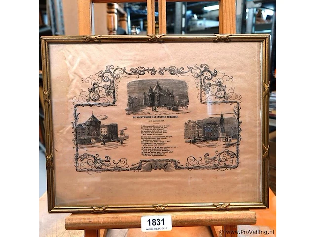 Nieuwjaarswens (nieuwjaarsprent) van de amsterdamse nachtwacht (ratelwacht) voor het jaar 1856, getiteld „de nachtwacht aan amstels burgerij, op 1 januari 1856“ - afbeelding 1 van  5