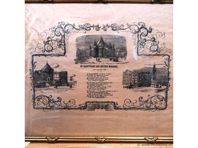 Nieuwjaarswens (nieuwjaarsprent) van de amsterdamse nachtwacht (ratelwacht) voor het jaar 1856, getiteld „de nachtwacht aan amstels burgerij, op 1 januari 1856“ - afbeelding 2 van  5