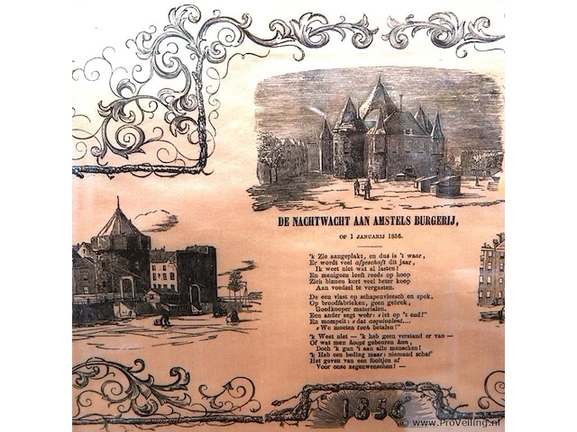 Nieuwjaarswens (nieuwjaarsprent) van de amsterdamse nachtwacht (ratelwacht) voor het jaar 1856, getiteld „de nachtwacht aan amstels burgerij, op 1 januari 1856“ - afbeelding 3 van  5