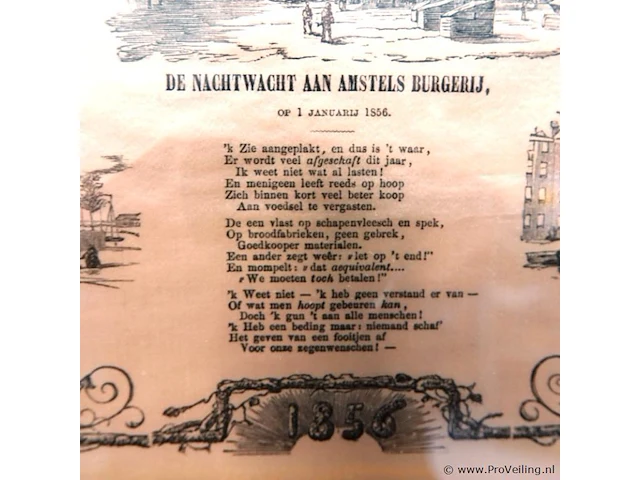 Nieuwjaarswens (nieuwjaarsprent) van de amsterdamse nachtwacht (ratelwacht) voor het jaar 1856, getiteld „de nachtwacht aan amstels burgerij, op 1 januari 1856“ - afbeelding 4 van  5
