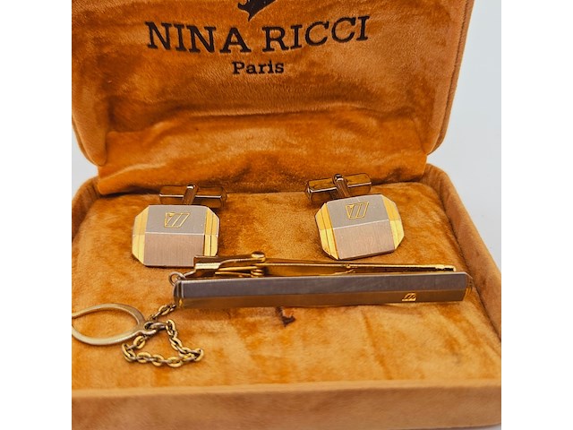 Nina ricci goldplated two-tone manchetknopen + tie-clip - afbeelding 1 van  6