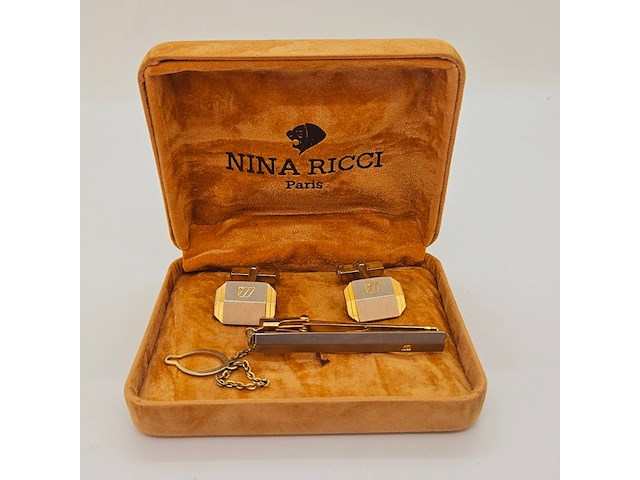 Nina ricci goldplated two-tone manchetknopen + tie-clip - afbeelding 2 van  6