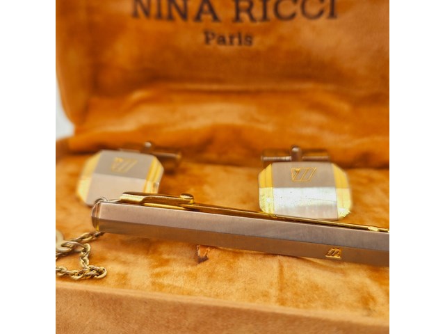 Nina ricci goldplated two-tone manchetknopen + tie-clip - afbeelding 3 van  6