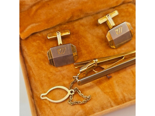 Nina ricci goldplated two-tone manchetknopen + tie-clip - afbeelding 4 van  6