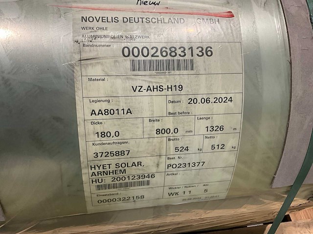 Novelis - aa8011a - rol aluminium (2x) - afbeelding 3 van  3