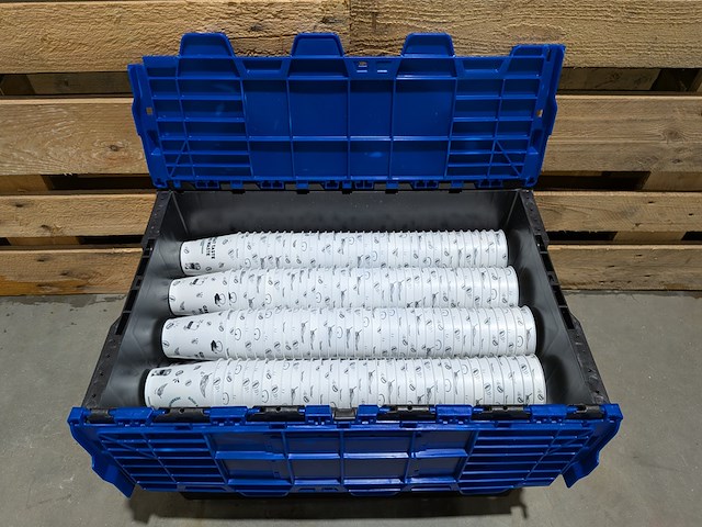 (ns materiaal) 8x kunststof transportbak, engels, e-line distribox, met herbruikbare bekes, circulware - afbeelding 4 van  6