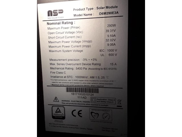 Nsp zonnepanelen model d6m290e3a - 6 stuks - afbeelding 2 van  2