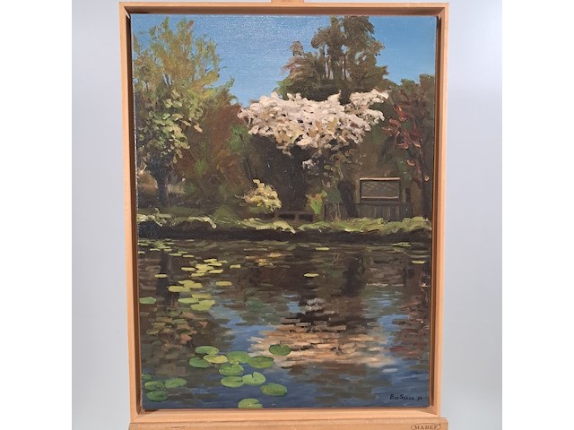 Olieverf schilderij op doek, bas sebus, waterlelies, 1995 - afbeelding 1 van  8