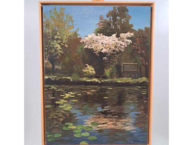 Olieverf schilderij op doek, bas sebus, waterlelies, 1995 - afbeelding 2 van  8