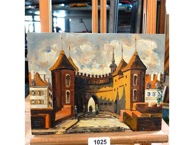 Olieverfschilderij op paneel van de middeleeuwse vestingwerken van de barbican in warschau, polen, 1993, gesigneerd. - afbeelding 1 van  5