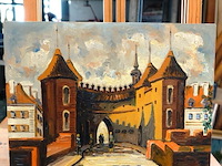Olieverfschilderij op paneel van de middeleeuwse vestingwerken van de barbican in warschau, polen, 1993, gesigneerd. - afbeelding 1 van  5