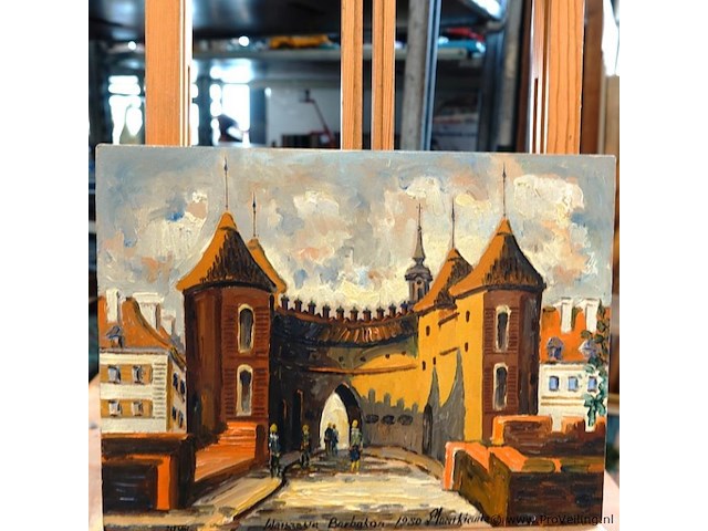 Olieverfschilderij op paneel van de middeleeuwse vestingwerken van de barbican in warschau, polen, 1993, gesigneerd. - afbeelding 2 van  5