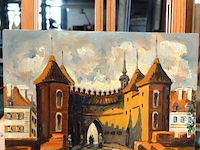 Olieverfschilderij op paneel van de middeleeuwse vestingwerken van de barbican in warschau, polen, 1993, gesigneerd. - afbeelding 2 van  5