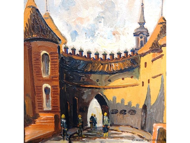 Olieverfschilderij op paneel van de middeleeuwse vestingwerken van de barbican in warschau, polen, 1993, gesigneerd. - afbeelding 3 van  5