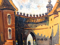 Olieverfschilderij op paneel van de middeleeuwse vestingwerken van de barbican in warschau, polen, 1993, gesigneerd. - afbeelding 3 van  5