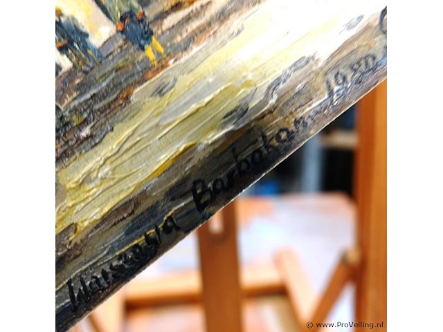 Olieverfschilderij op paneel van de middeleeuwse vestingwerken van de barbican in warschau, polen, 1993, gesigneerd. - afbeelding 4 van  5