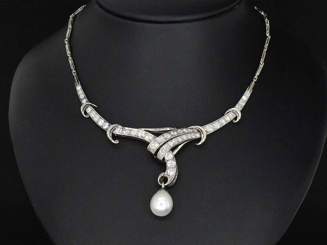 Orginele art-deco choker met diamanten en een parel - afbeelding 1 van  7
