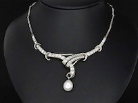 Orginele art-deco choker met diamanten en een parel - afbeelding 1 van  7
