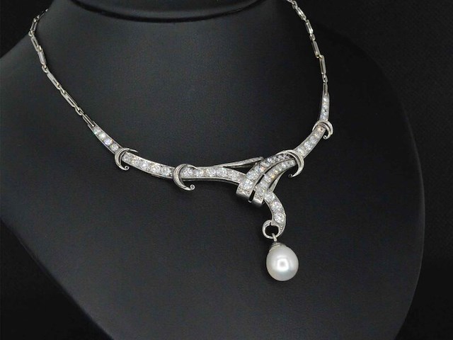 Orginele art-deco choker met diamanten en een parel - afbeelding 2 van  7