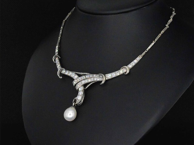 Orginele art-deco choker met diamanten en een parel - afbeelding 3 van  7