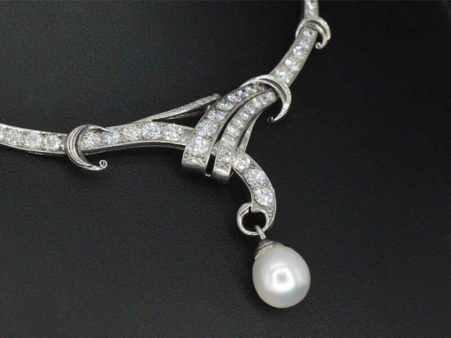 Orginele art-deco choker met diamanten en een parel - afbeelding 4 van  7