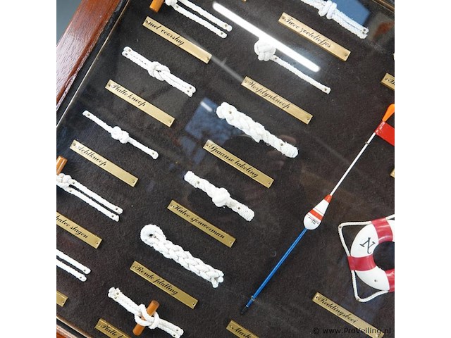 Oud vitrine knopenbord met maritieme knopen, vroeger ook gebruikt als lesmateriaal voor matrozen. - afbeelding 2 van  5