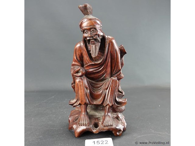 Oud/antiek in rozenhout gesneden beeld van een chinese wijze - afbeelding 1 van  5