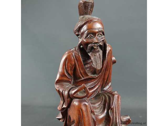 Oud/antiek in rozenhout gesneden beeld van een chinese wijze - afbeelding 3 van  5